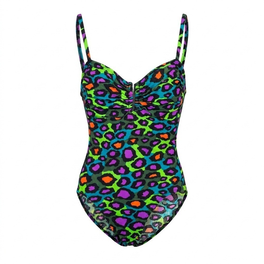 RARE Vintage 80s Bill Blass Neon Leopard Print One Piece Swimsuit‎ Size 6